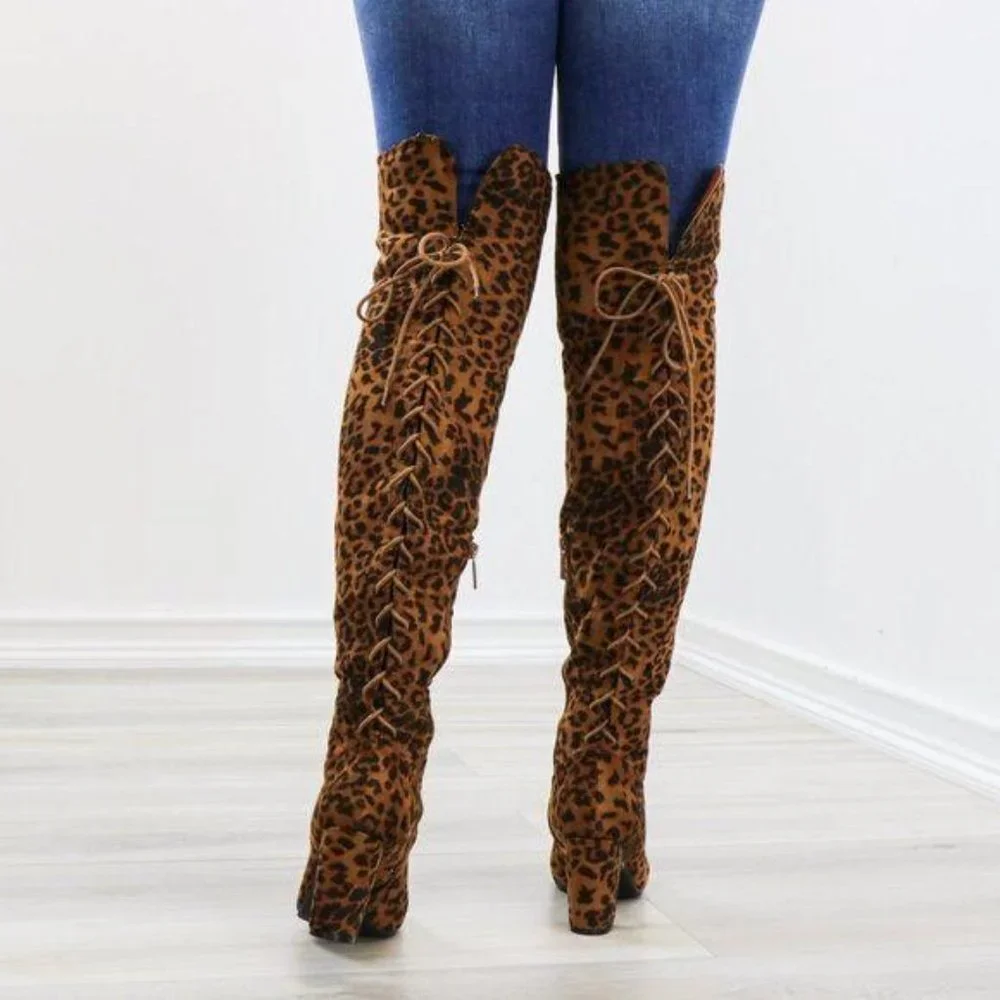 Suede Leopard Thigh High Heeled Boots Back Laces - Picture 14 of 15